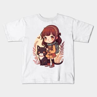 Cute Girl & Cat Kawaii Anime Black Cat Lovers Kids T-Shirt